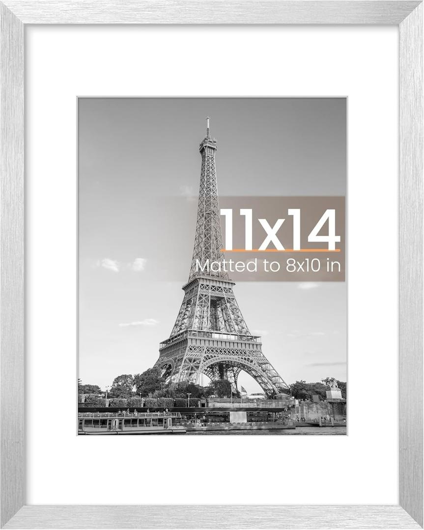 upsimples 11x14 Picture Frame, Display Pictures 8x10 with Mat or 11 x 14 Without, Wall Hanging Photo Frames, Silver, 1 Pack