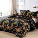 WONGS BEDDING Quilt Set Queen Size, Black Botanical Queen Bedspread Bedding Sets, 3 Pieces Floral Quilt with 2 Pillowcases,Soft Lightweight Microfiber Coverlet Set for All Season(96"X90")