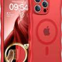 TAURI Magnetic for iPhone 16 Pro Case, Cute Wavy Design [Full Camera Protection] [Compatible with Magsafe] Anti-Slip Translucent Matte Case for iPhone 16 Pro for Women Girls, Bright Red