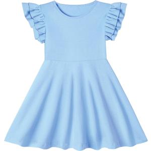 Toddler Girls Cotton Dress Double Flutter Sleeve Baby Tie Back Dress Kids Casual Ruffle Dresses (Purple)