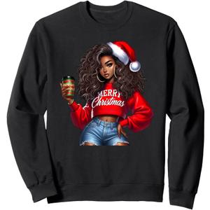 Merry Christmas Black Women Coffee African American Woman Sweatshirt, Size M 