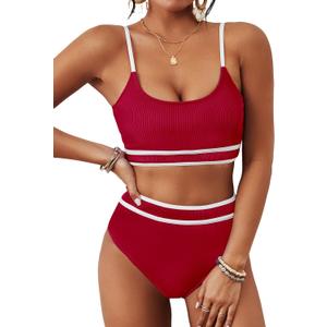 BMJL Women's High Waisted Bikini Ribbed Two Piece Swimsuit High Cut Color Block Adjustable Straps Bathing Suit (Red029), S BMJL Women's High Waisted Bikini Ribbed Two Piece Swimsuit High Cut Color Block Adjustable Straps Bathing Suit (Red029), S