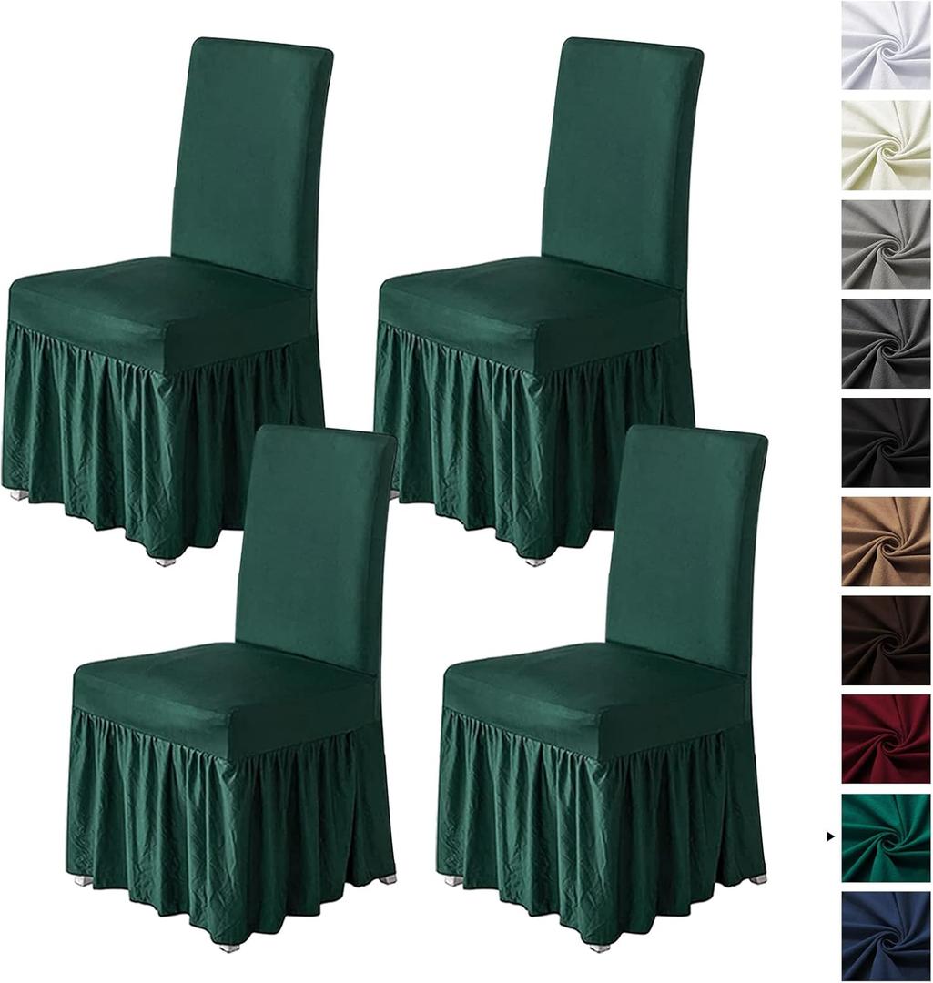 molasofa Chair Covers for Dining Room Set of 4 Stretch Chair Slipcovers with Skirt for Kitchen Seat Protectors Wedding Banquet Decor Kids Pets Spandex Fabric Washable (4pcs, Dark Green)