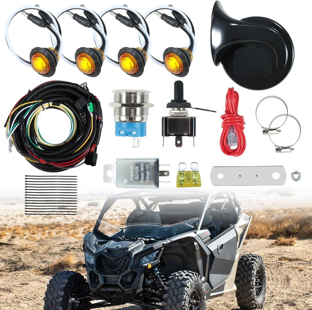 Universal UTV Turn Signal Kit with Amber LED Blinker Wide Compatible with Polaris, Can-Am, Kawasaki, Pioneer, Golf Cart, Arctic Cat Plug and Play UTV Street Legal Kit (Rocker Type Switch-1)