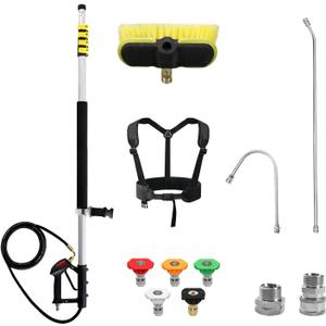 RAYNEL 24FT Telescoping Pressure Washer Extension Wand with Brush Head,Power Washer Extension Wand,Gutter Cleaner Attachment,5 Spray Nozzle Tips,Support Belt and 2 Hose Adapters