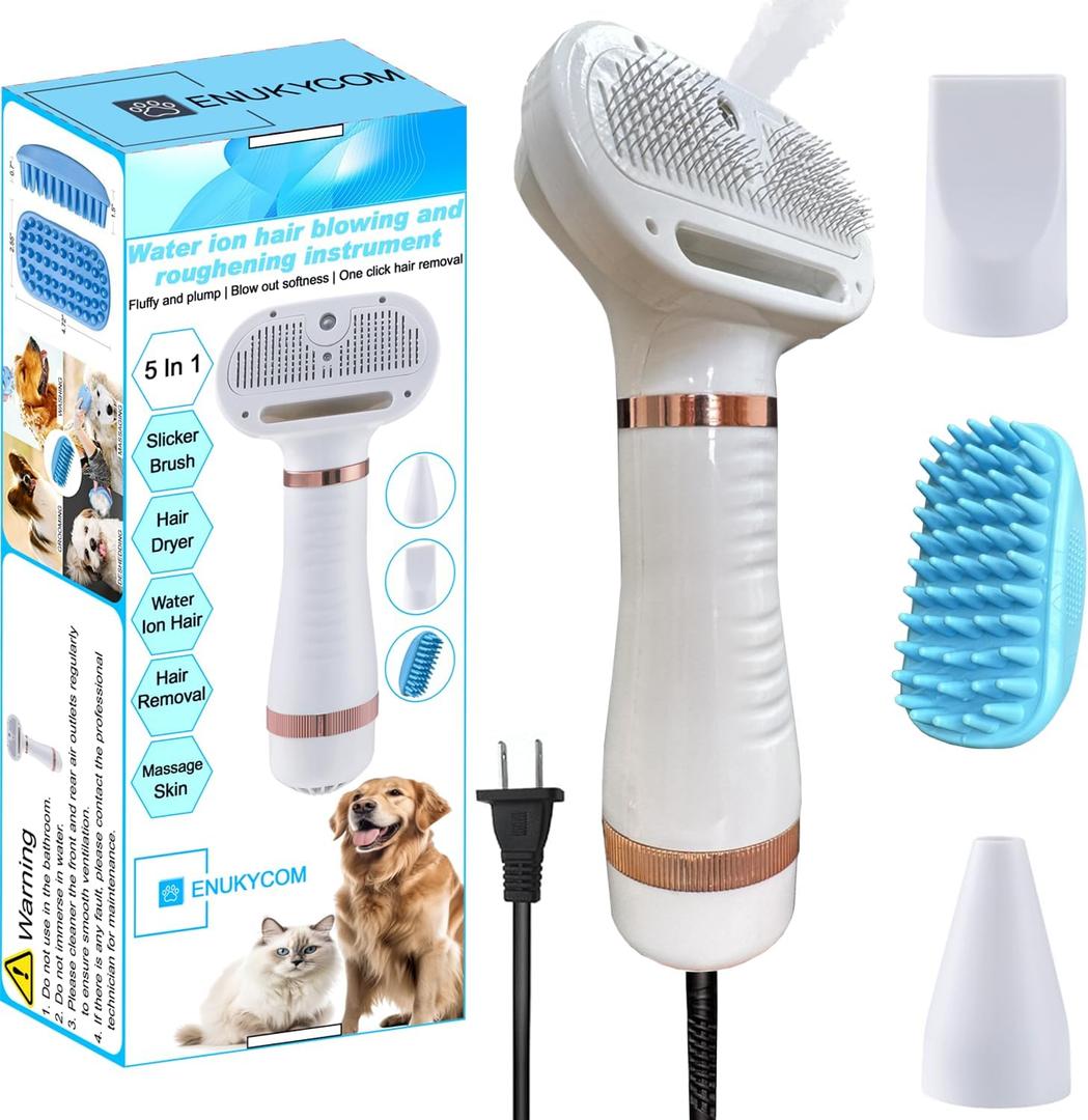 300W Quiet Pet Blow Dryer - Pet Hair Dryer for Small & Medium Dogs and Cats with Removal Comb & Silicone Bath Massage Brush for Home Grooming -Mist/Spray/Steam Brush for Cat & Dog