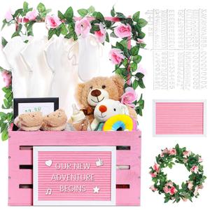 Barydat Wooden Baby Shower Crate Closet, Basket with Handle and Felt Letter Board Kit Garland Baby Shower Wooden Gift Crate Personalized Basket for Pregnancy Announcement New Parent(Pink)