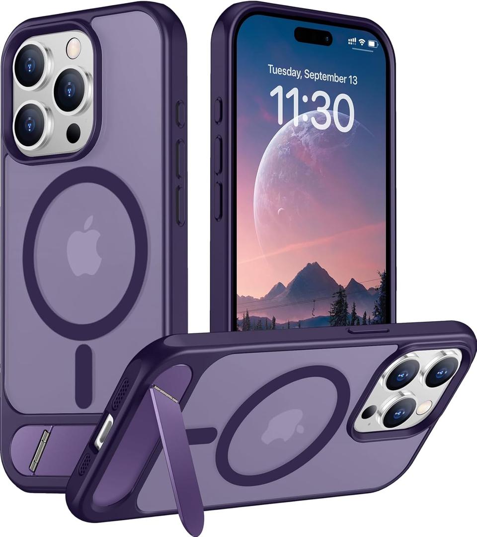 Temdan Magnetic Compatible with iPhone 15 Pro Max Case, [Built-in Invisible Kickstand][Compatible with MagSafe] [Military Grade Shockproof] Slim Translucent Matte Phone Case for iPhone 15 Pro Max 6.7" (Purple)