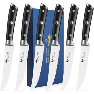 MAD SHARK Steak Knives Set of 6,Premium 12.6-inch Serrated Steak Knife Set,Ultra Sharp German High Carbon Stainless Steel Triple Rivet Collection 6-Piece Kitchen Steak Knife Set (STEAK KNIFE SET OF 6)