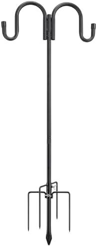 Black Double Shepherds Hook - 82 Inch Adjustable Bird Feeder Pole with 5 Prongs Base - Heavy Duty Rustproof Shepards Hooks for Outdoor Hummingbird Feeder Stand, Solar Lights, Lanterns, Flower Basket