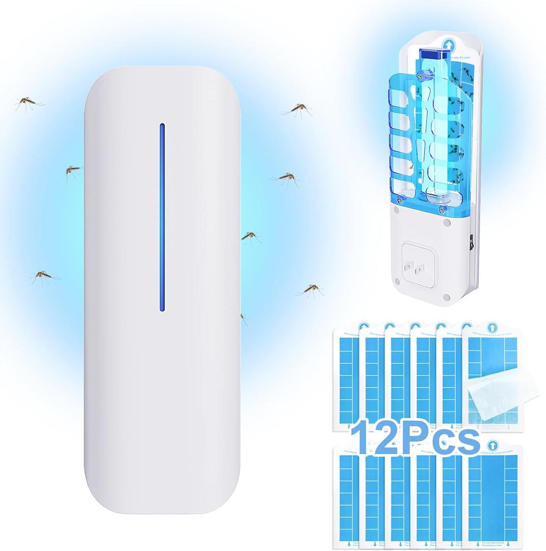 Flying Insect Trap Plug-in Fruit Fly Trap for Indoors with 12 Pcs Sticky Pads, UV Night Light Mosquito Trap Fly Catcher, Gnat Killer Bug Zapper for Home, Office