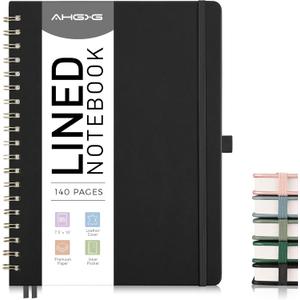 AHGXG Lined Spiral Journal Notebook, B5 Large Notebooks for Women Men, 140 Pages Hardcover Leather Notebook College Ruled, 100 GSM Paper, Notebooks for Work School Note Taking, 7.6" x 10", Black