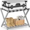 BAMBOOHOMIE Bamboo Luggage Rack for Guest Room, Wide Suitcase Stand with Storage Shelf, Folding Luggage Stand Holder for Bedroom Hotel, 26.77" Thickened Luggage Rack for Suitcases, Grey