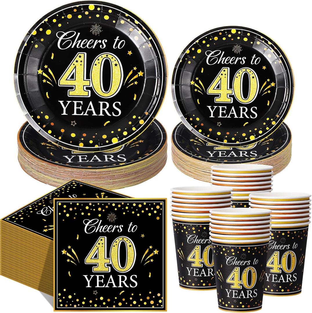 Pickmesh 250 Pcs 40th Birthday Party Supplies Decorations Serve 50 Black Gold Cheers to 40 Years Disposable Paper Plates Napkins and Cups for Women Men 50th Birthday Wedding Anniversary Party Supplies, approx. 9 inches