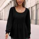 Womens Puff Long Sleeve Tunic Tops Pleated Scoop Neck Shirts Slim Fitted Elastic Business Casual Blouses (Black, M)