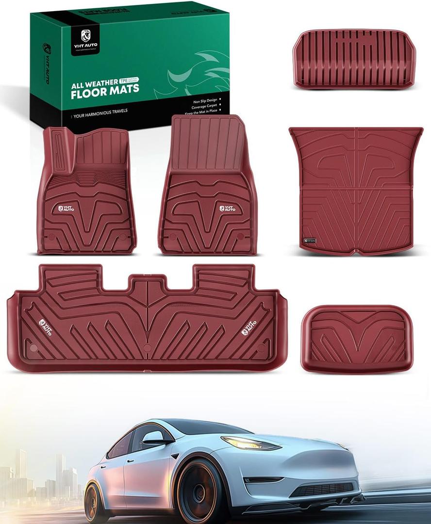 YHTAUTO for Tesla Model Y 2025 2024 2023 2022 2021 2020 Floor Mats & Cargo Liners, (5-Seat, NOT Fit Model Y Juniper), All Weather Car Mats, 1st & 2nd Row & Frunk Rear Trunk Mat, Set of 6, Red