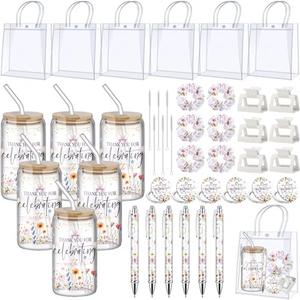 Boao 6 Set Baby Shower Game Prizes for Player Winners Tumblers with Lids Straws Mirrors Hair Scrunchies Pens Hair Clips Gift Bags for Baby Bridal Shower Wedding Game Favors(Wildflowers)