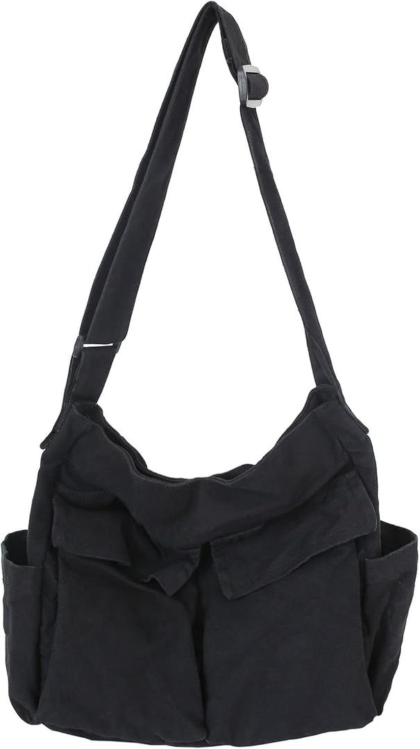 KlaOYer Canvas Messenger Bag Large Hobo Bag Crossbody Shoulder Bag Tote Bag with Pocket for Women and Men (Black)