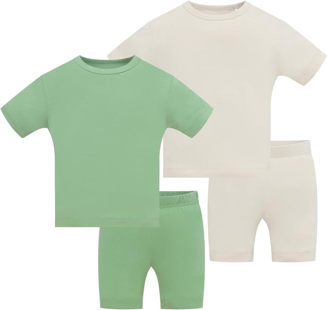JunNeng Bamboo Viscose Toddler Pajamas,Baby Boy Girl Solid Snug Fit Short Sleeve Summer Sleepwear PJS (12-24 Months, Green+grey)