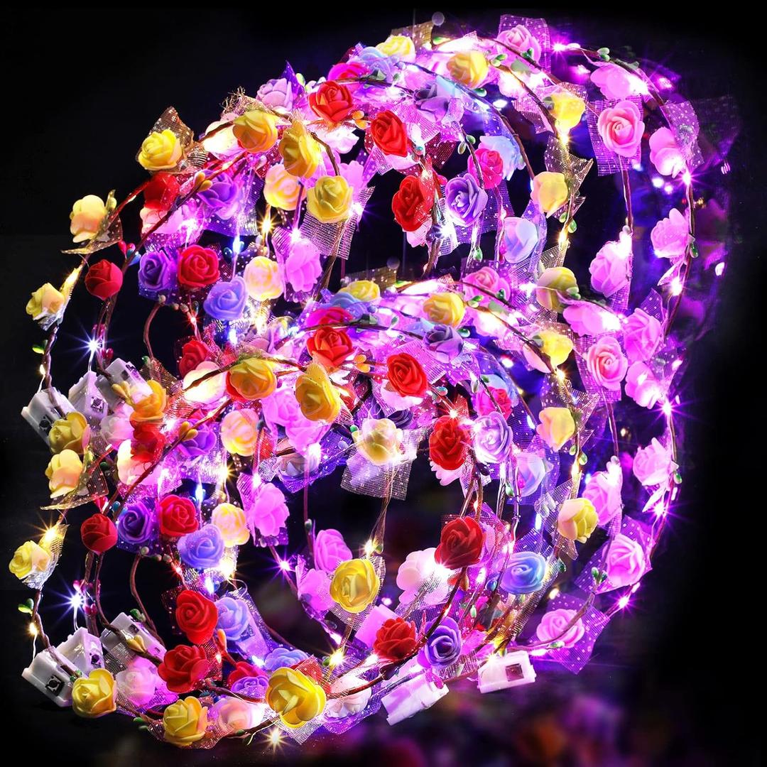 Chumia 50 Pcs LED Flower Crowns Headbands Light up Flower Wreath Garlands Glow in The Dark Floral Headpiece Hair Accessories for Women Mardi Gras Birthday Cosplay Holiday Wedding Princess Party