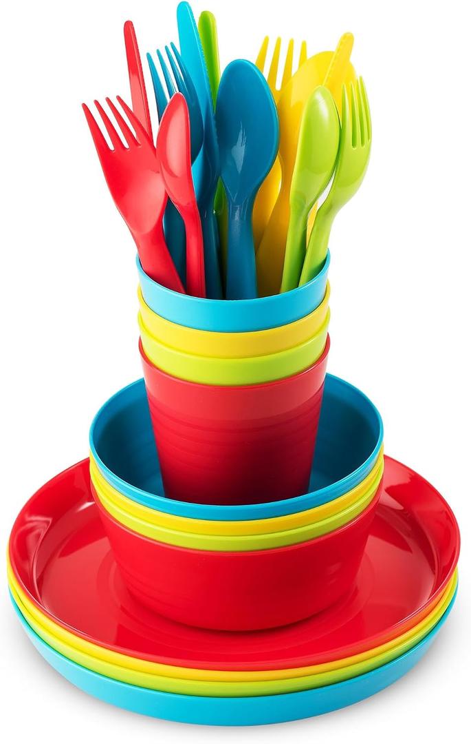 Plaskidy Kids Dinnerware Set for 4-24 Piece Plastic Childrens Dishes Dinnerware Sets Microwave/Dishwasher Safe BPA Free - Toddler Dinner Set Includes Kids Plates and Bowls Kids Cups Flatware Set
