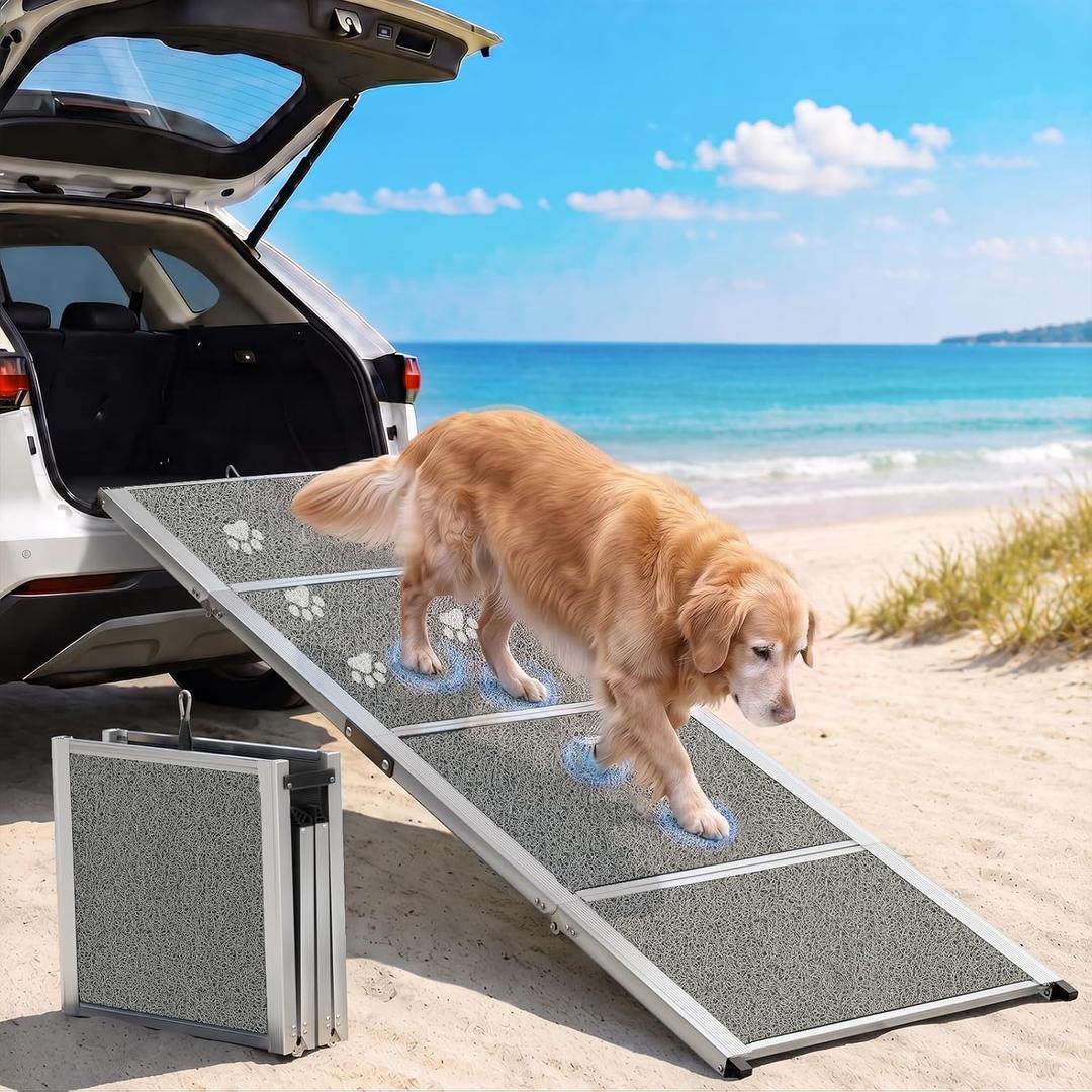 Dog Ramp for Car, 𝟕𝟏" 𝐋 × 𝟐𝟒" 𝐖 Ultra-Wide Aluminum Outdoor Pet Ramp for Medium & Large Dogs, High-Traction Coil Surface, 4-Fold Design, Ideal for SUVs, Trucks, and Stairs, 250 lb Capacity