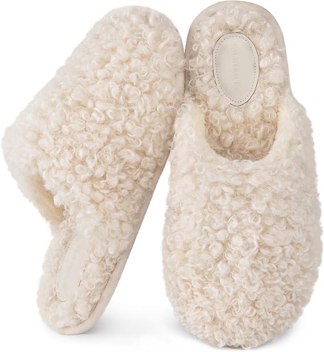 Snug Leaves Women's Scuff Slippers Furry Cute Curly Faux Wool Slip-on Indoor Memory Foam House Shoes 9-10
