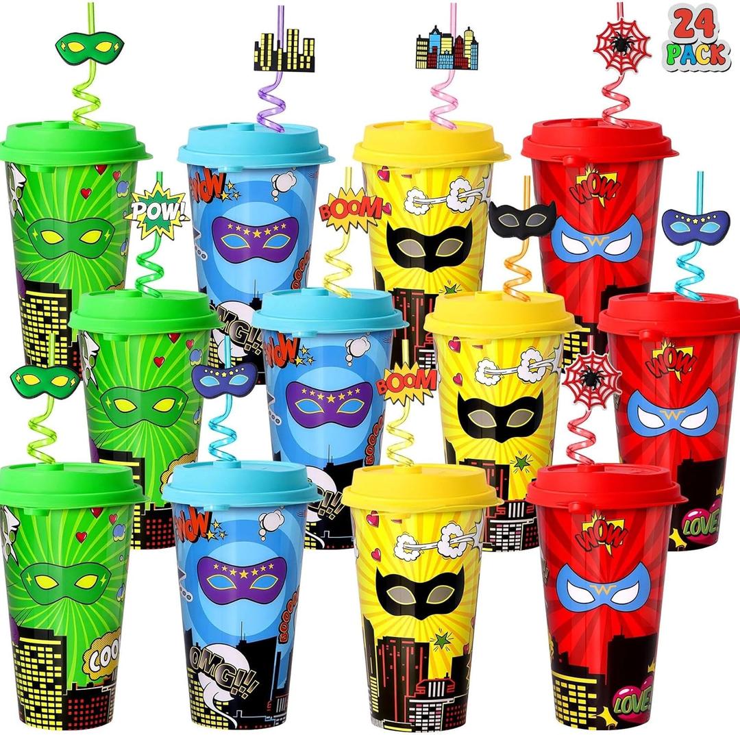 AFZMON 24 Sets Hero Party Favors Drinking Cups With Lids and Straws, Hero Birthday Party Decorations for Kids Bags Stuffers Gifts Supplies