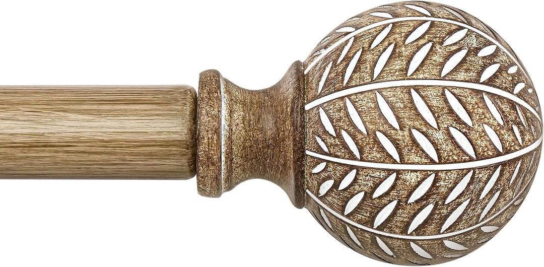 QDWIS Wood Curtain Rods for Windows 72 to 144 Inch,1'' Diameter Drapery Rods with Imitation Wood Grain Leaf Pattern Finials,Boho Adjustable Heavy Duty Curtain Rods Set,36-150'',Color:Weathered Wood