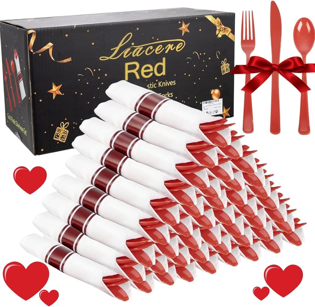 Liacere 400PCS Pre Rolled Red Silverware and Napkin - Disposable Red Plastic Utensils-Wrapped Plastic Cutlery Set with Napkin: 100Forks, 100Knives, 100Spoons, 100Napkins for Wedding, Valentine's Day