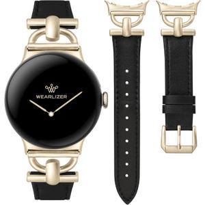 Wearlizer Leather Bands Compatible with Google Pixel Watch 4/3 41mm/Pixel Watch 2/1 Band Women, Dressy Designer Slim Leather Strap with D-Shape Metal Buckle for Pixel Smartwatch Accessories (Black/Champagne Gold)