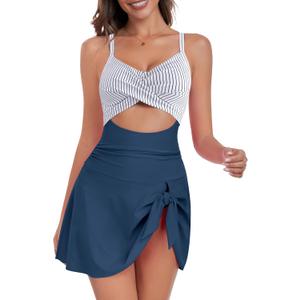 ZAFUL Women One Piece Swimdress Tummy Control Bathing Suit Push Up Swimsuit Modest Swimwear Cutout V Neck Cute Tie Knot Skirt (Small, Blue Striped)