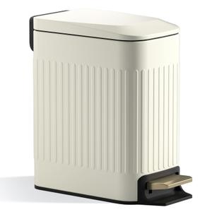 Small Bathroom Trash Can with Lid Soft Close-6L/1.6 Gal Slim Step Garbage Can-Metal Pedal Wastebasket-Narrow Rectangle Garbage Container Bin for Corner Office, Bedroom, Toilet, Live Room-Beige (1.3 Gallon, Milky White)