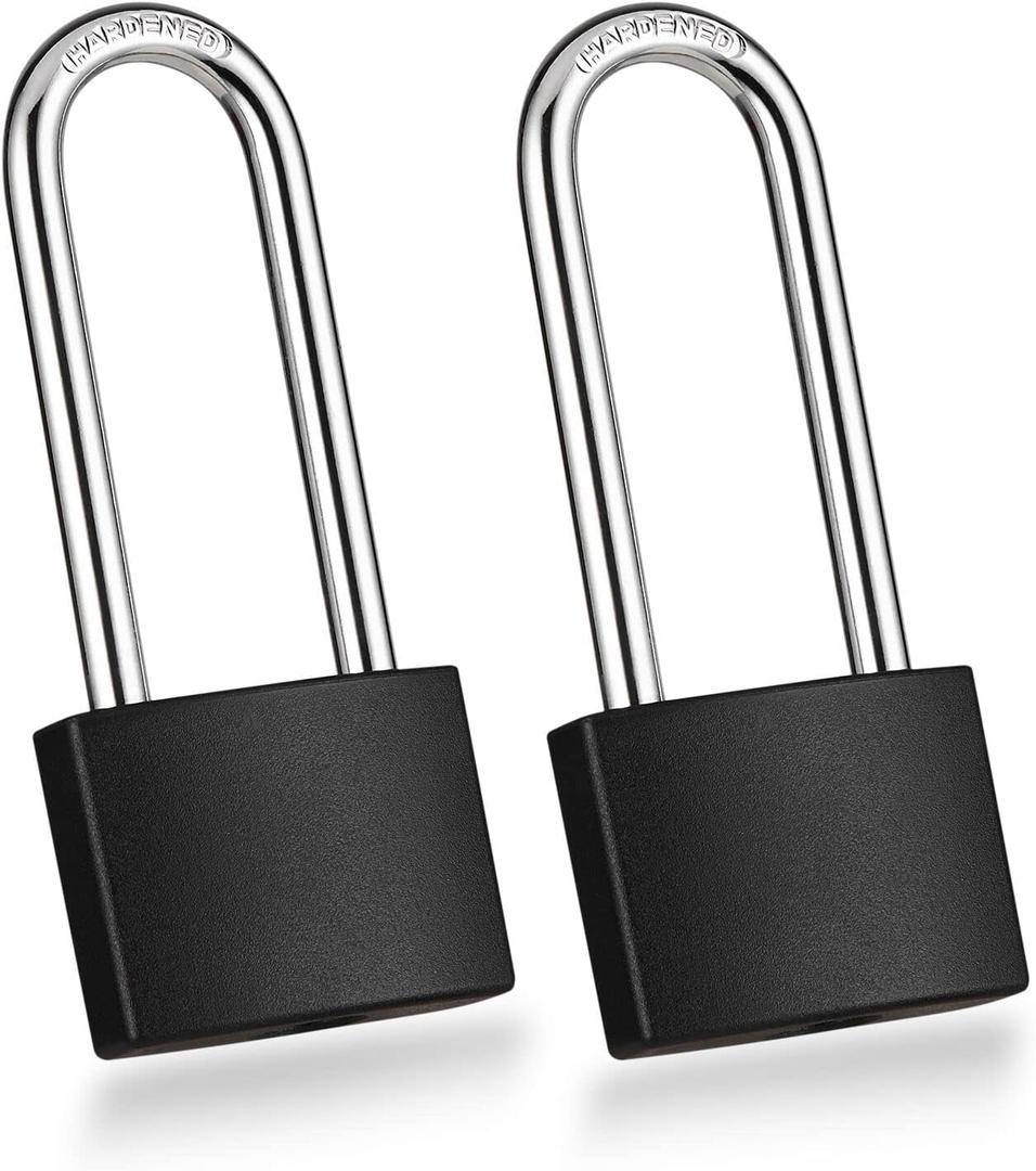 Guliffen 2 Pack Covered Aluminum Padlocks with Key, Black Locker Lock with Long Shackle for Gates, Fences, Toolboxes