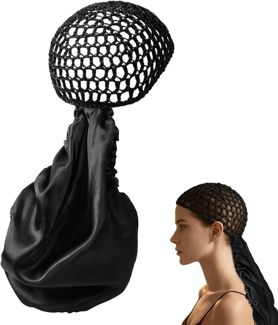 2 In1 Wrap Cap Bonnet Reversible, Adjustable Hair Wrap Cap Nettie Band Net, Double Layered Long Hair Silk Press Set Braid Bonnet for Curly Black