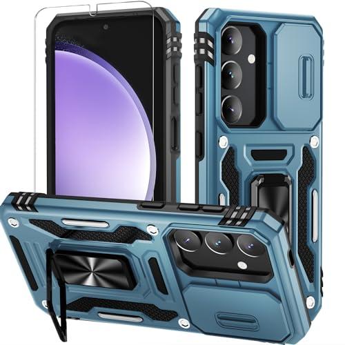 Pack of 3, WRJ for Samsung Galaxy S25/Galaxy S24 Case with Slide Camera Cover and Screen Protector, Military Grade Protection [Rotated Ring Kickstand] Heavy Duty Shockproof Protective Cover-Sky Blue