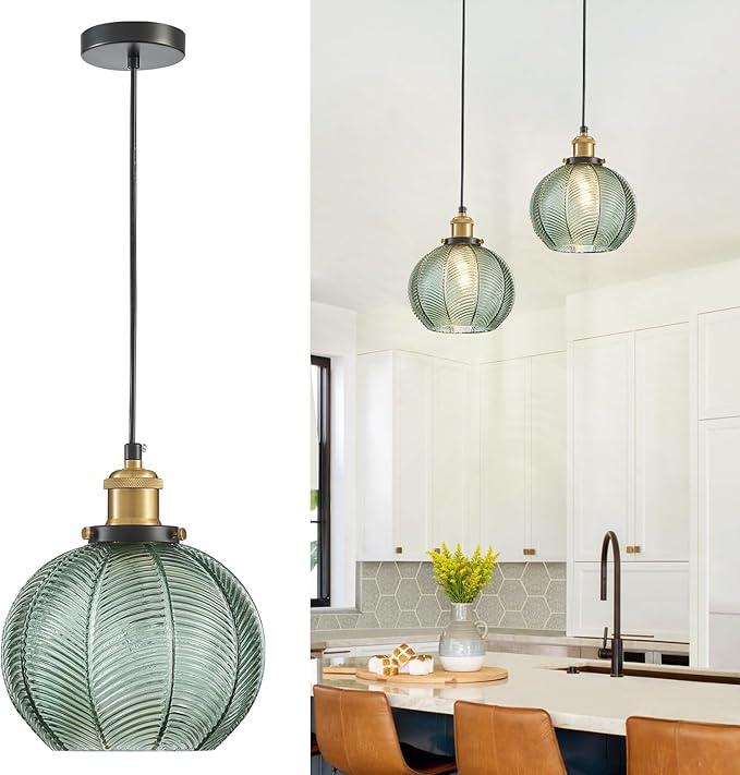 Vintage Pendant Light 1- Light Kitchen Sink Pendant Lights with Green Hand Blown Glass Small Hanging Lamp for Kitchen Island Dining Room Bedroom Bathroom Hallway E26, Green