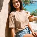 Dokotoo Womens Tops Cute Lace Summer Short Sleeve 2026 Oversized Casual T Shirts Lace Pockets (Beige, M)