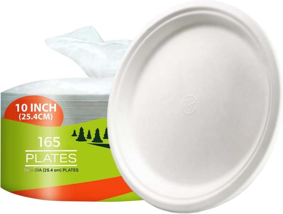 Paper Plates, 100% Compostable-[10 Inch by 0.5" deep]-Heavy Duty Disposable Plate - (BPI Certified) - (PFAS-Free) - Eco-Friendly, Biodegradable Bagasse 10" Dinner Plates (165 Pack)