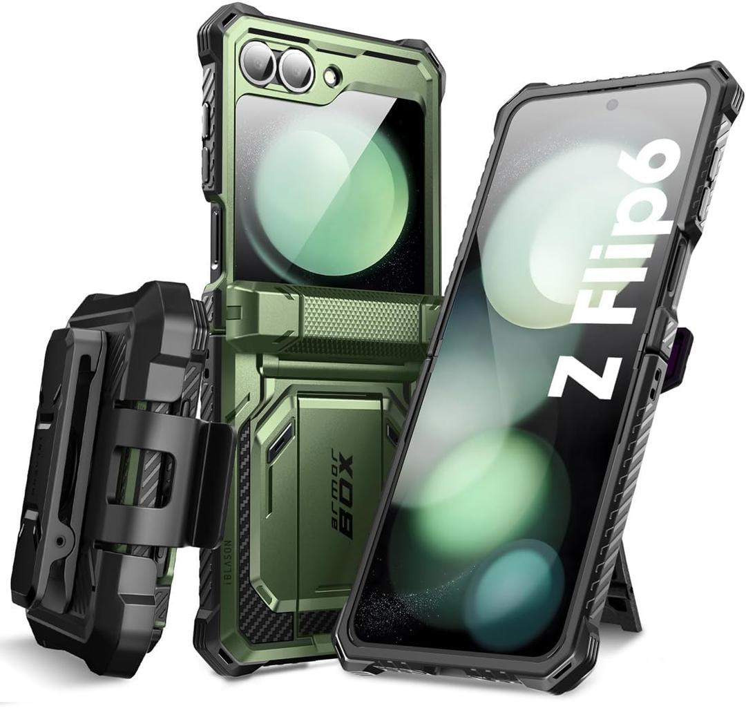 i-Blason for Samsung Galaxy Z Flip 6 Case, ZFlip 5 Case with Stand, [Built-in Screen Protector] [Hinge Protection] [Belt-Clip], Military Phone Case for Samsung Z Flip 7 FE/6/5, Armorbox, DarkGreen