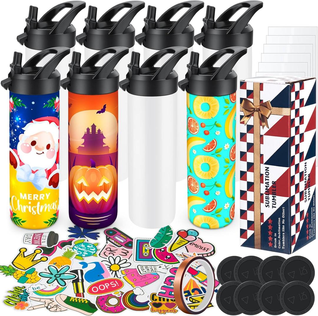 8 Pack 20oz Sublimation Tumbler Set Triple-Insulated Stainless Steel Sports Water Bottle with Straw Lid Blank Sublimation Cup with DIY Stickers, Shrink Wrap, Rubber Base, Heat Tape for Heat Transfer (White)