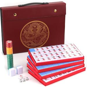 Mose Cafolo Chinese Mahjong Game Set 1.5" X-Large 144 Numbered White Blue Melamine Tiles with Carrying Travel Case,Complete Majong Majiang, Mah Jonng Game Set