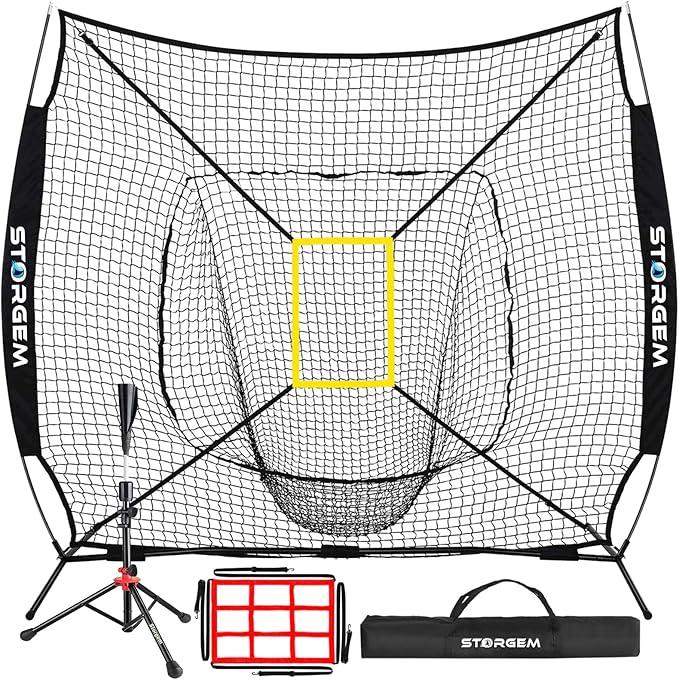 Storgem Baseball and Softball Practice Net 7×7ft Portable Hitting Pitching Batting Training Net Baseball Backstop Net with Batting Tee and Strike Zone and Bow Frame