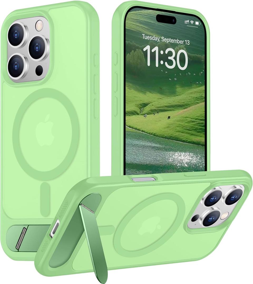 Temdan Magnetic Compatible with iPhone 16 Pro Case, [Built-in Invisible Kickstand][Compatible with MagSafe][Military Grade Shockproof] Slim Translucent Matte Phone Case for iPhone 16 Pro 6.3" (Light Green)