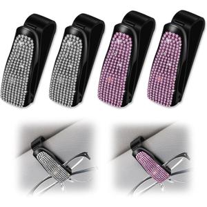 panthra 4 PCS Bling Rhinestones Sunglasses Clip for Car Visor, Fashionable and Shiny Visor Clip for Sunglasses with Ticket Card Clip Girl Car Accessories Interior for Women Girls (White, Pink)