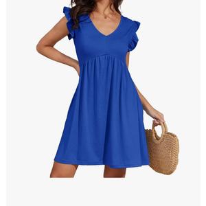 Jayscreate Women's Tie V Back Baby Doll Dress Backless Pocket 2025 Trendy Ruffle Sleeve Summer Casual T Shirt Dress, S