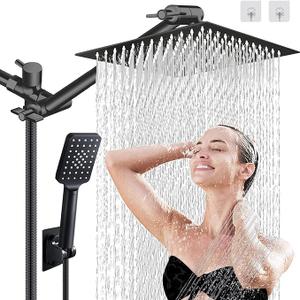 Shower Head, 10'' High Pressure Rainfall Shower Head with 3 Settings Handheld Shower Combo with 11''Extension Arm, Anti-leak Square Rain Shower Head with 78'' Hose/Holder(Matt Black Shower Heads)