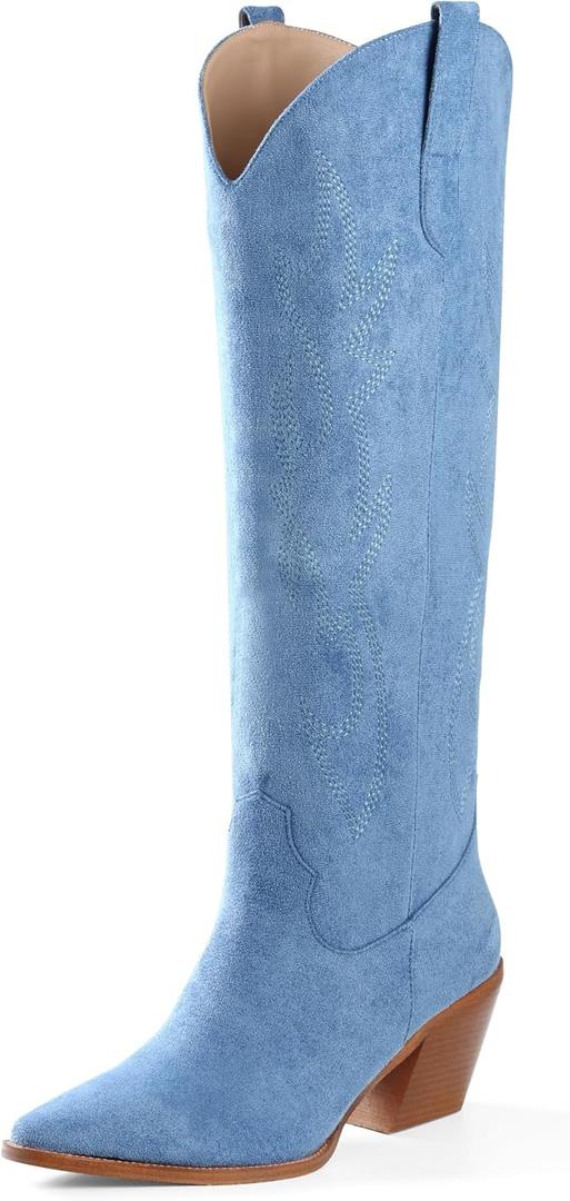 iiimmu Cowgirl Boots Women Knee High Boots Pointed Toe and Block Heel Cowboy Suede and Faux Leather Boots with Embroidered (8.5, Blue)