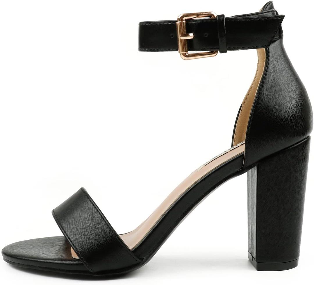 JOY IN LOVE Womens 3.5" Chunky Block High Heels Ankle Strap Heeled Sandals 7.5, Black Matte