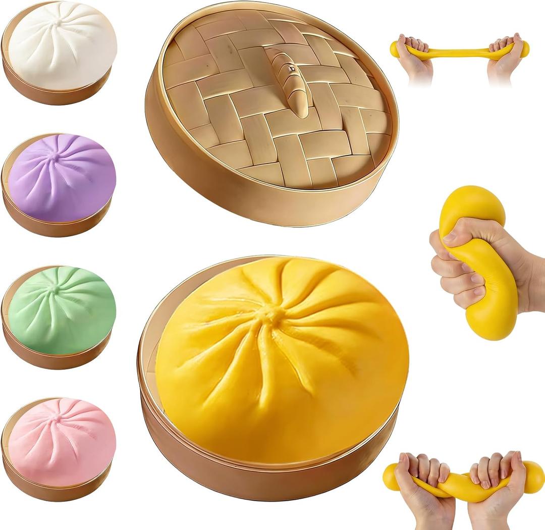 Dumpling Squishy,Giant Glitter Dumpling,Mystery Squishy Dumplings Box,Jumbo Squishy Toy with Steamer Box,Soft Squeeze Decompression Dough,Easter Basket Stuffers (Yellow)